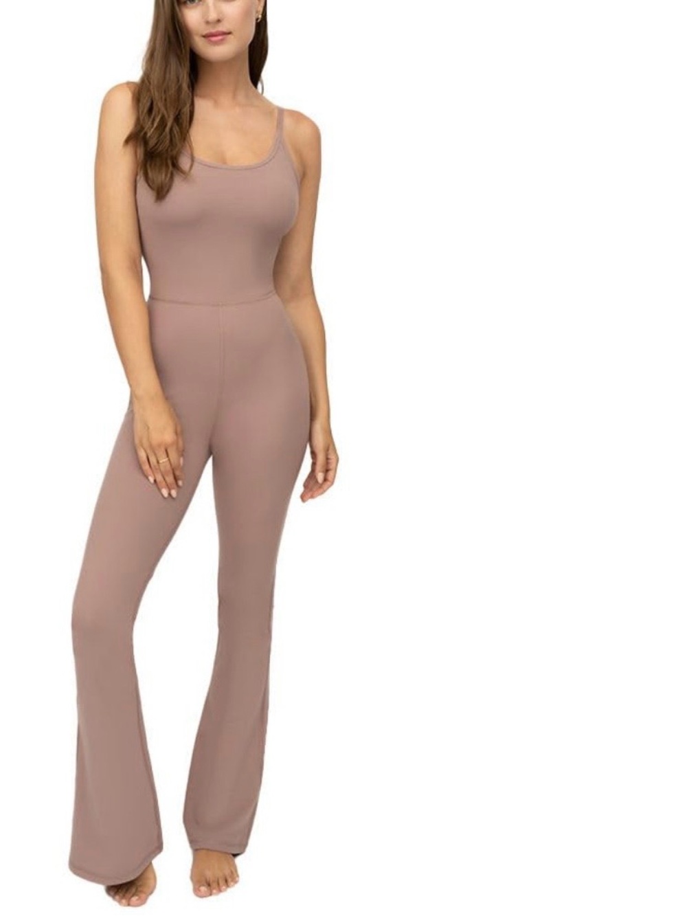Yogalicious Luc Scarlet Taupe Scoop-Neck Flare Jumpsuit